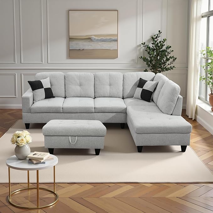 Couches for Living Room Modern L Shaped Couch Comfy Flannel Fabric 3 Pieces by LynginsCreativeLife