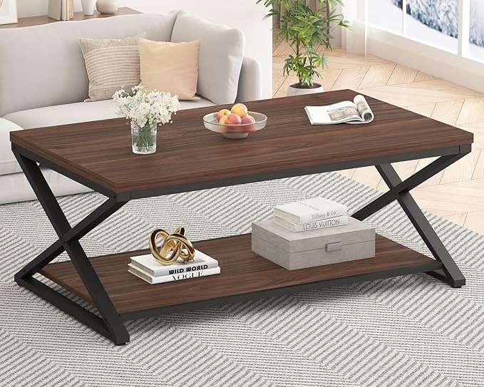 HSH Walnut 2 Tier Storage Coffee Table, Modern Rectangle Center Table - Image 3
