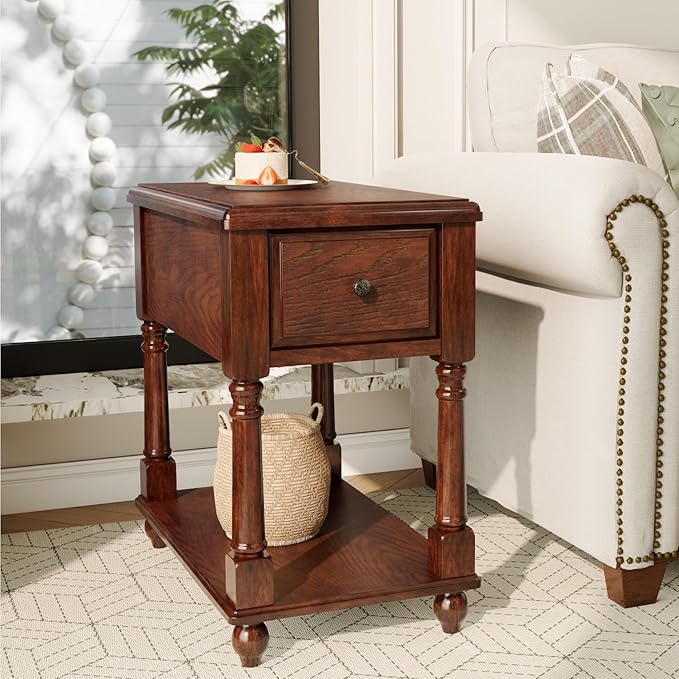 Narrow End Table with Drawer and Storage Shelf, Solid Wood Sofa Side Tables by VERDANTREE