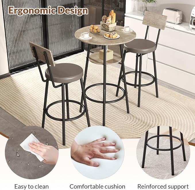 3 Pieces Round Bar Table and Chairs Set, Small Dining Table - Image 6