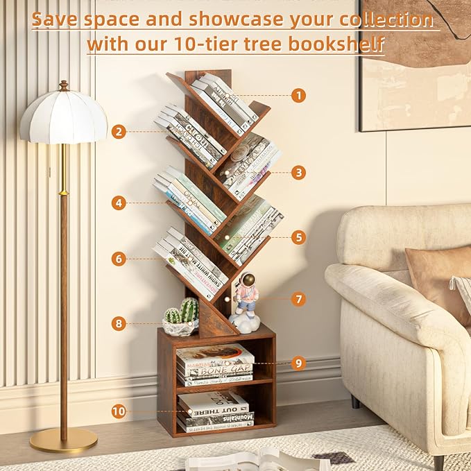 10 Tier Tree Bookshelf, Floor Standing Wood Tall Bookcase - Image 5