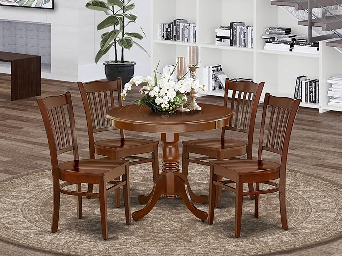 East West Furniture ANGR5-MAH-W 5 Piece Dining Room Table Set Includes a Round - Image 2