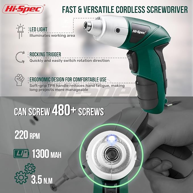Hi-Spec 19pc 3.6V Green USB Small Power Screwdriver & Home DIY Tool Kit Set. - Image 3