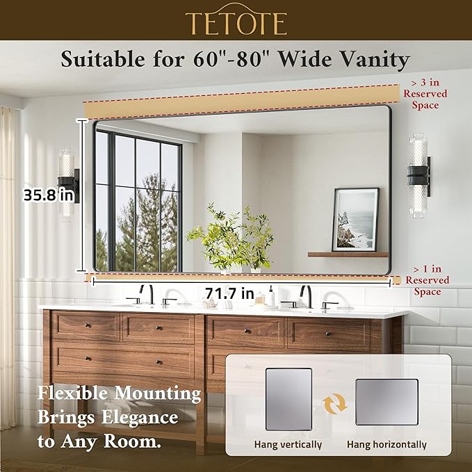TETOTE 72 x 36 Black Vanity Mirror Large Black Mirror - Image 7