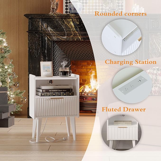 Fluted Nightstand with Charging Station, Modern Bedside Table with Drawer - Image 7