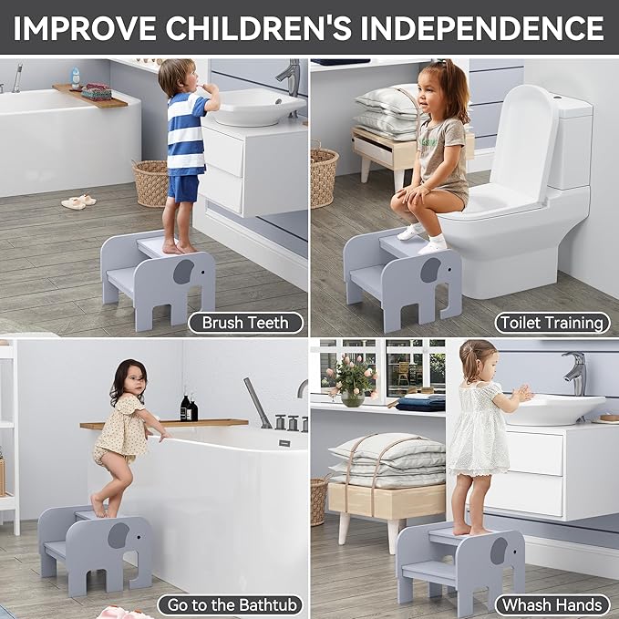 Wood Step Stools for Kids, Child Two Step Stool of Elephant Shape, Toddler Step - Image 4