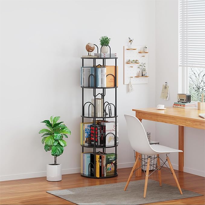 4 Tier Rotating Bookshelf, 360° Spinning Bookshelf Tower, Round Narrow Space - Image 6