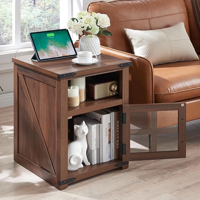 Farmhouse Nightstand with Charging Station, Rustic End Table with Tempered - Image 4