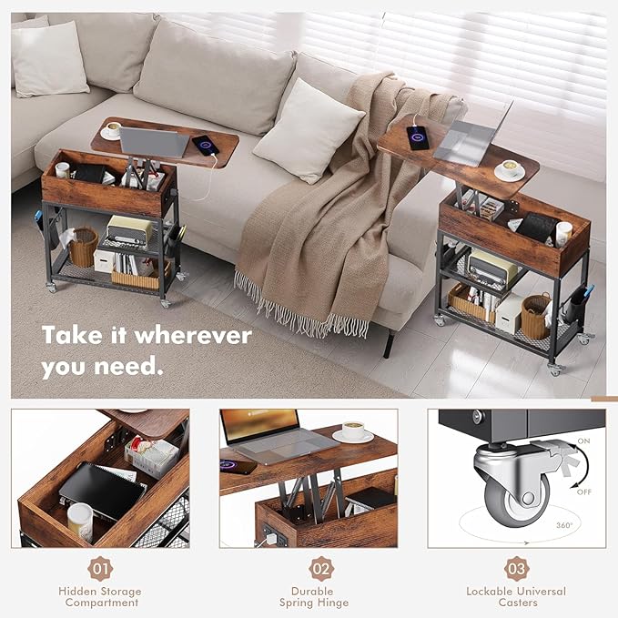 Colima Lift Top End Table with Charging Station and Wheels, Sofa Side Table - Image 4