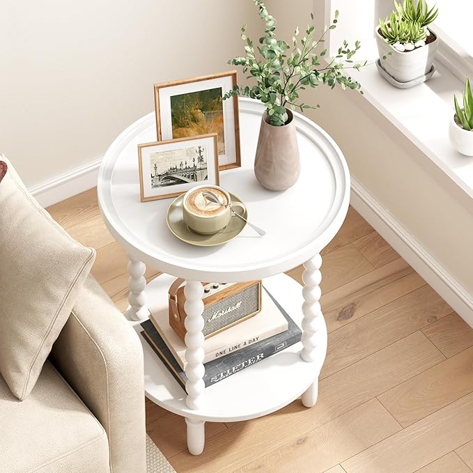 Gadroad Round End Table with Storage Shelf, 2 Tier Couch Side Table, Wood - Image 2