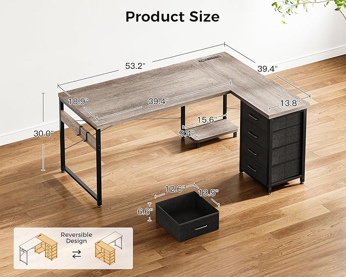 AODK L Shaped Desk with 4 Tier Drawers, L Shaped Computer Desk with USB - Image 3