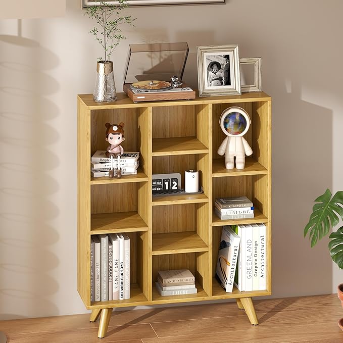 Manora Bookshelf with 10 Open Storage Cubes, Wooden Bookcase Organizer - Image 5