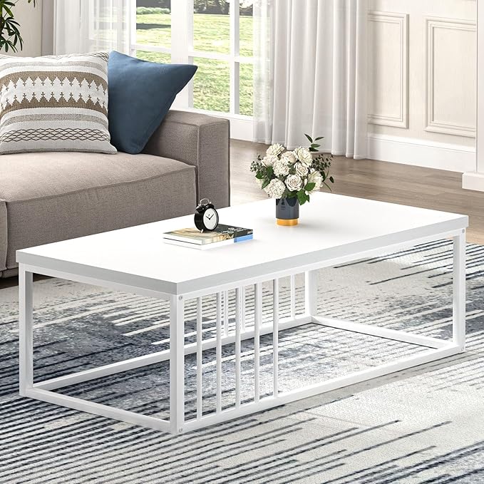 FOLUBAN White Coffee Table, Modern Rustic Wood and Metal Center Table, - Image 6