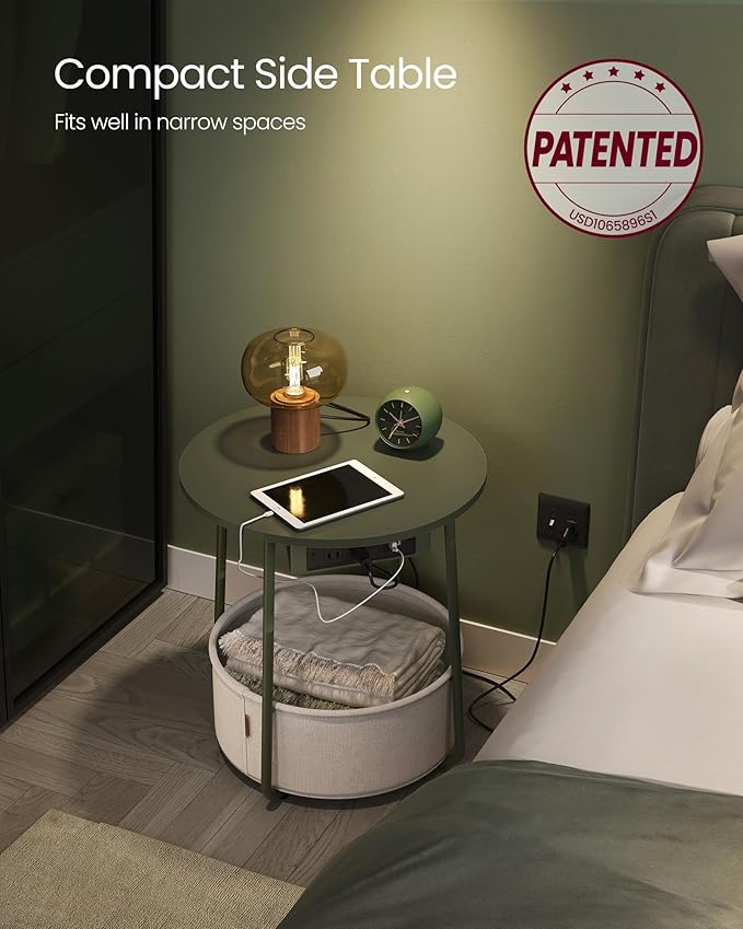 VASAGLE Side Table with Charging Station, Round End Table with Fabric Basket - Image 5