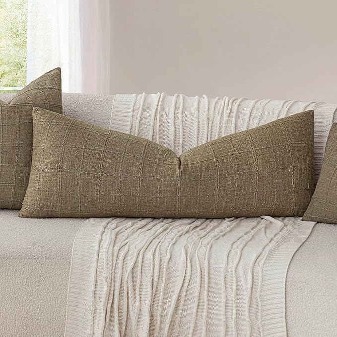 Foindtower Set of 2 Decorative Linen Check Throw Pillow Covers Neutral Long - Image 5