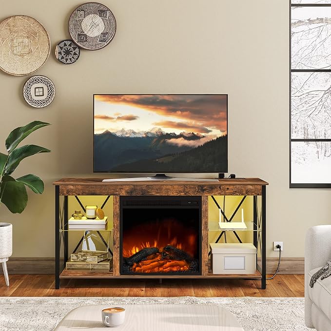 HOOBRO Fireplace TV Stand with Charging Station and LED Lights, TV Stand with - Image 3