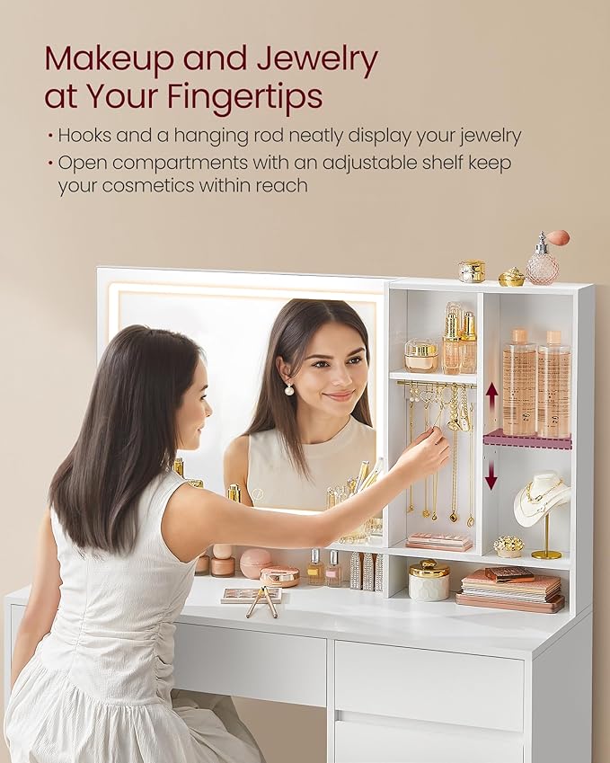 VASAGLE Vanity Desk with Mirror and Lights, Power Outlets, Vanity Table Set - Image 7