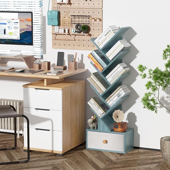 8 Tier Tree Bookshelf with Drawer, Free Standing Wood Bookcase - Image 6