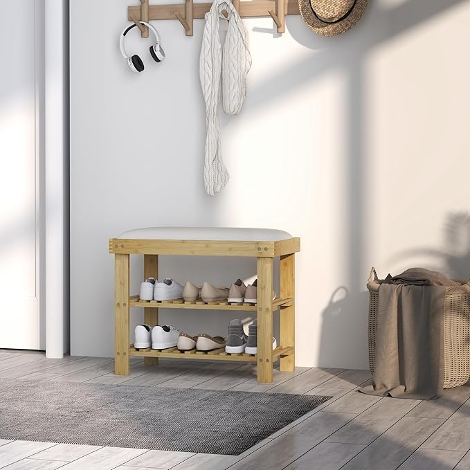 HOMCOM Bamboo Shoe Bench, 3-Tier Entryway Bench - Image 7