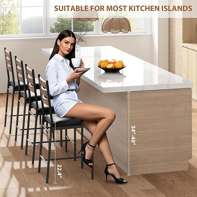 GarveeHome Bar Stools Set of 2, Wooden Barstools, Faux Leather Upholstered Bar - Image 3