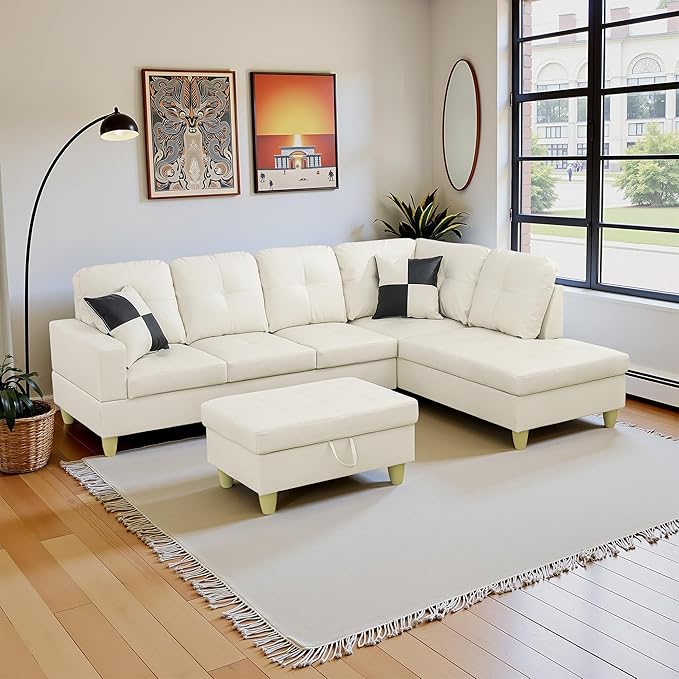 Couches for Living Room Faux Leather L Shaped Couch Comfy 3 Pieces Sectional - Image 4