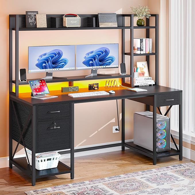 DWVO Computer Desk with Drawers & Hutch, 59.1" Office Desk with Power Outlets & by DWVO