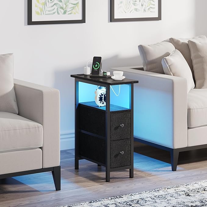 End Table with Charging Station, Narrow Side Table with 2 Fabric Drawers - Image 8
