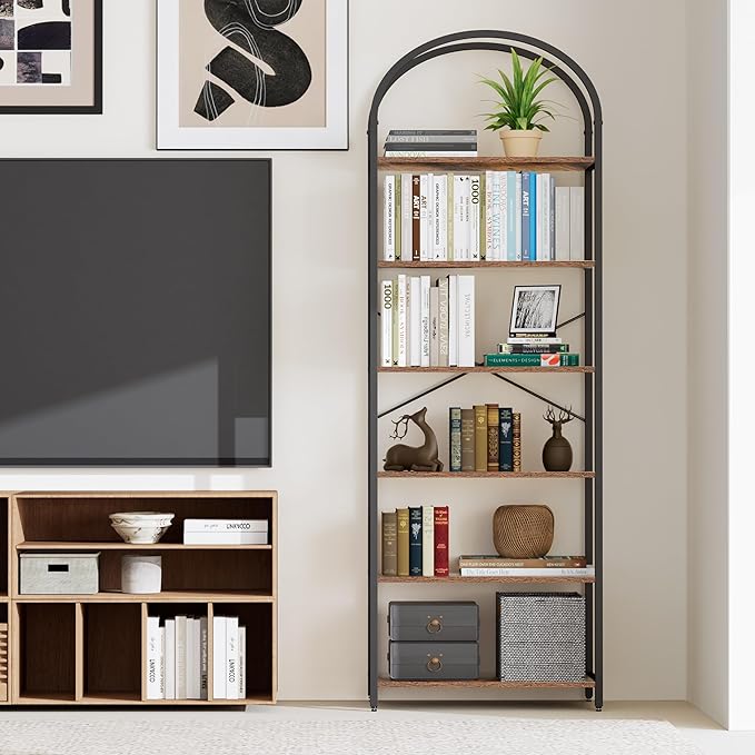 Homhedy 6-Tier Bookshelf Arched Display Racks, Wood and Metal Bookcase - Image 8