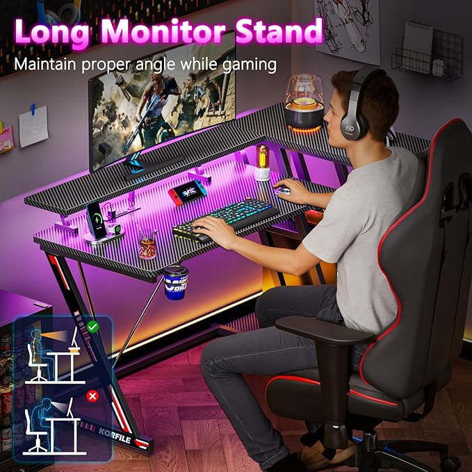 47 Inch Gaming Desk with Power Outlet & LED Lights, Corner Computer Desk with 3 - Image 7