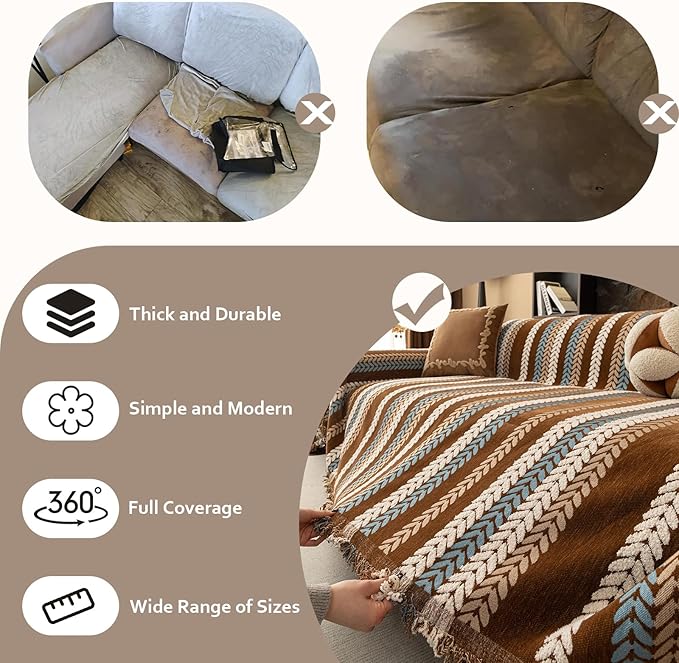 STACYPIK Khaki Jacquard Leaves Sofa Cover, Vintage Couch Cover - Image 5
