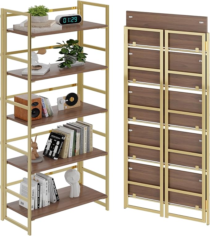 BHG Vintage Multifunctional Folding Bookshelf, 5 Tier No-Assembly Plant Stand by BHG