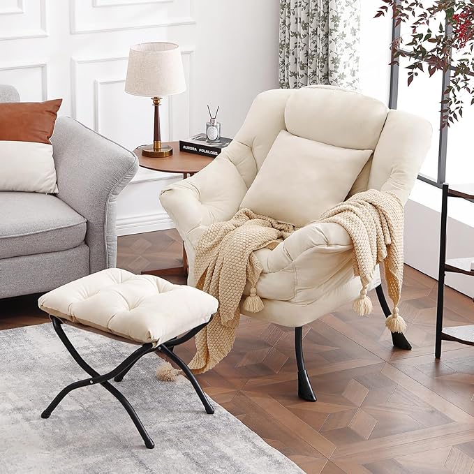 Lazy Chair with Ottoman, Modern Lounge Accent Chair with Armrests and a Throw by HomeEastllyHome