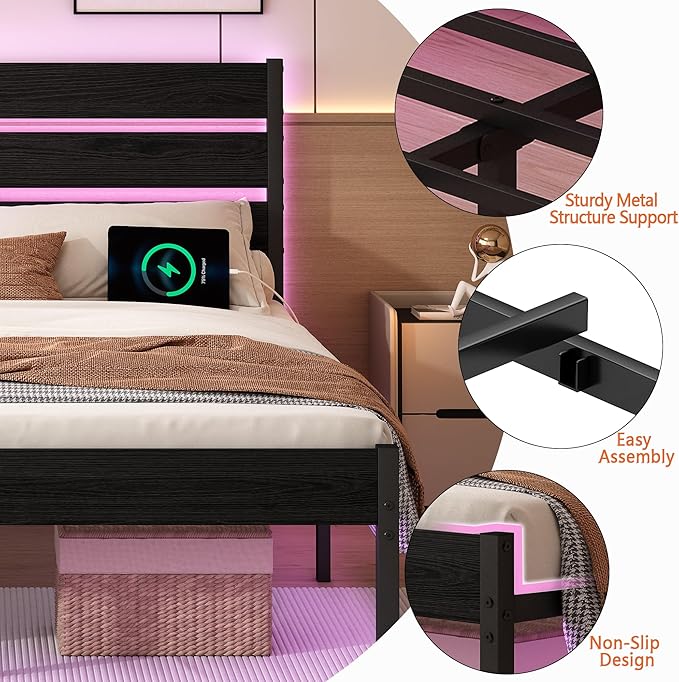 Full Size Bed Frame with Headboard, Heavy Duty LED Bed Frame with USB Charging - Image 4