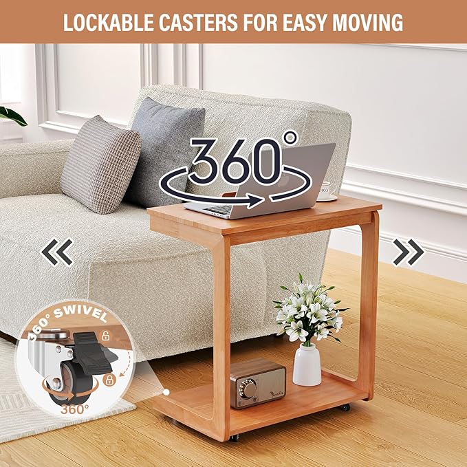 CozyDH Adjustable C Shaped End Table, Rolling Side Table Solid Wood TV Sofa - Image 3