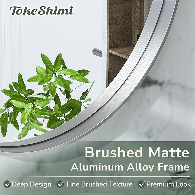 TokeShimi Round Mirror 30 Inch Brushed Silver Round Bathroom Mirror - Image 3