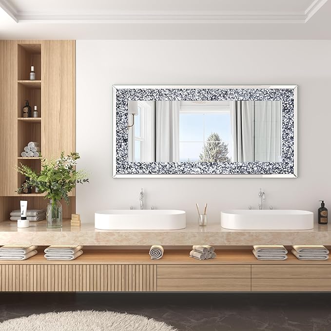 Crystal Crush Diamond Wall Mirror-47 x24 Silver Mirror, Gorgeous Rectangle - Image 3