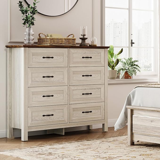 LINSY HOME 8 Drawers Dresser for Bedroom, Modern Farmhouse Dresser TV Stand by LINSYHOME