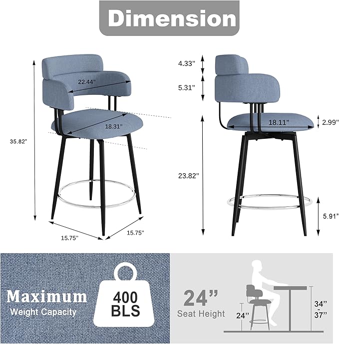 Swivel Bar Stools Set of 2, Counter Height Bar Stools - Image 2