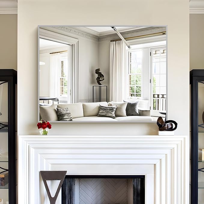 30x40In Silver Bathroom Mirror for Wall, Brushed Nickel Rectangle Mirrors - Image 3