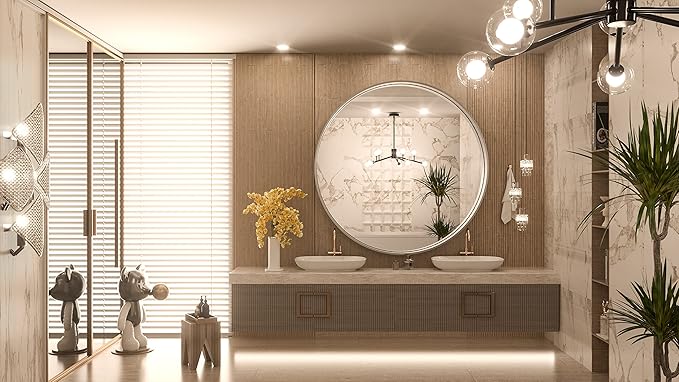 TokeShimi Round Mirror 36 Inch Brushed Silver Round Bathroom Mirror - Image 2