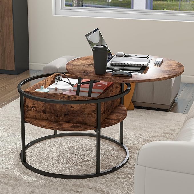 Round Lift Top Coffee Table, Coffee Tables Living Room, Wood Farmhouse Coffee - Image 7