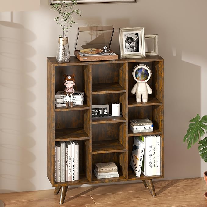 Manora Rustic Brown 10 Cube Mid Century Modern Bookshelf, Wooden Storage - Image 5