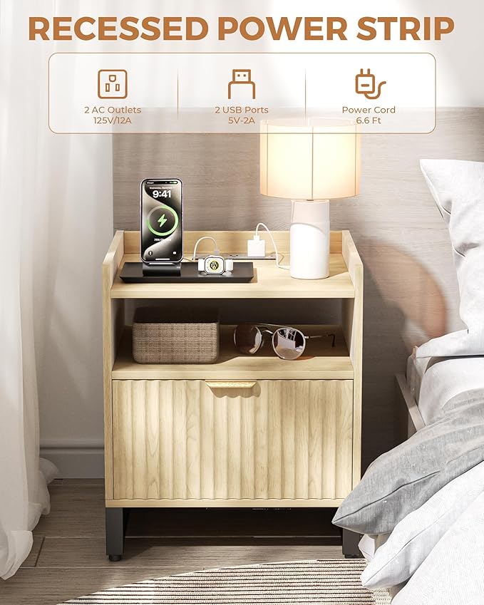 Fluted Night Stand with Charging Station, Wood Nightstand with Large Drawer and - Image 3