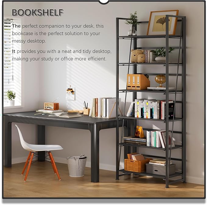 4NM No Assembly Folding Bookshelf, 6-Shelf 74" H Collapsible Foldable Bookcase - Image 3