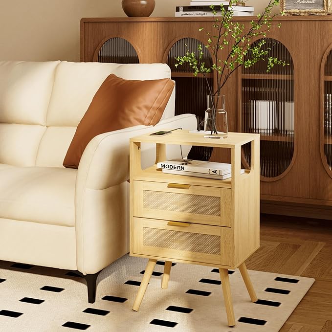 Rattan Nightstand with Charging Station, Farmhouse Bedside Table with 2 Storage - Image 8