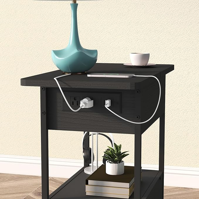 SOOWERY End Table with Charging Station, Narrow Side Table with Flip Top - Image 5