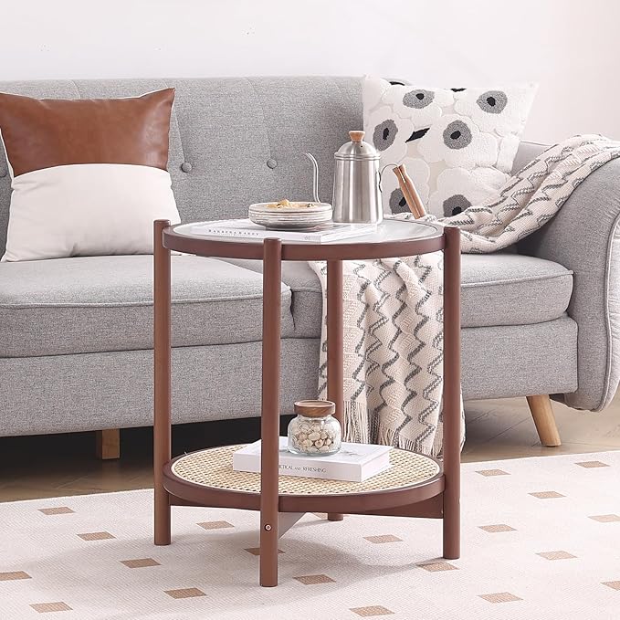 Tiita Rattan Coffee Table, Round End Table, 2-Tier Modern Side Table, Small - Image 6