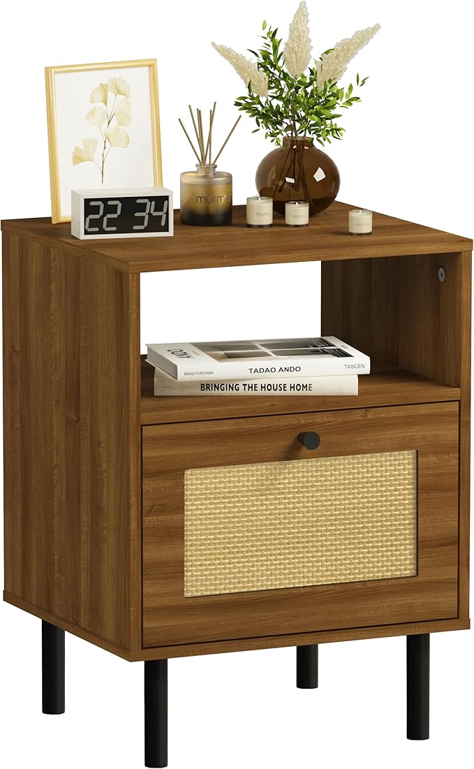 Rattan Nightstand with Storage Boho Modern Farmhouse Bedside Table with Drawer by DONGRONG
