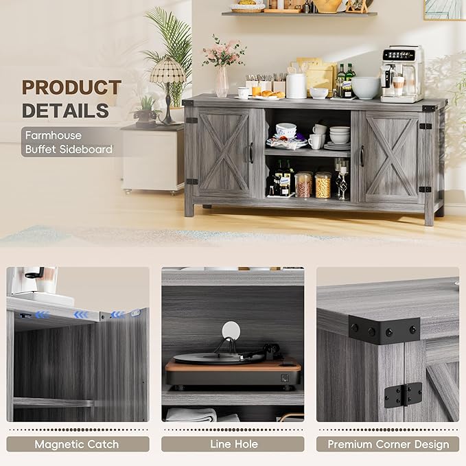 YESHOMY Farmhouse Buffet & Sideboard, Wood Coffee Bar - Image 6