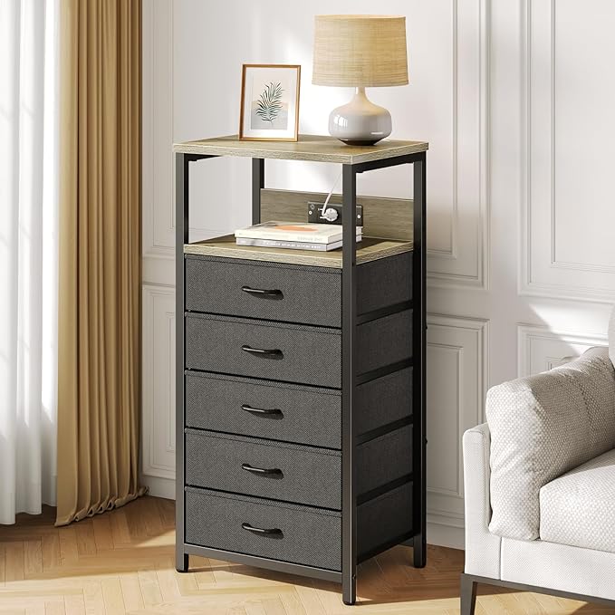 Seventable Night Stand with Charging Station, Tall Nightstand with 5 Fabric - Image 2
